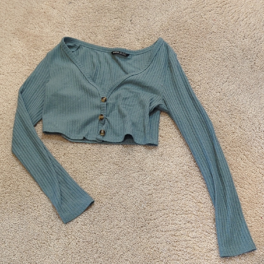 SHEIN Teal Ribbed Buttoned Crop Top Long Sleeved